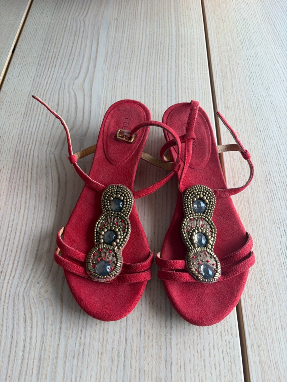 Pegabo Red Beaded Suede Women’s Sandals - Elegant Strappy Flat